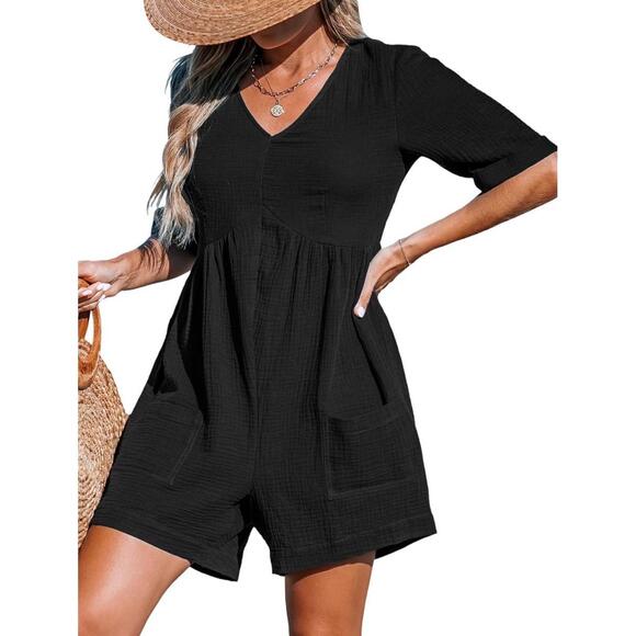 NWT Cupshe Romper Womens Large Black Casual Short Sleeve VNeck Two Pockets Swim - Picture 1 of 15